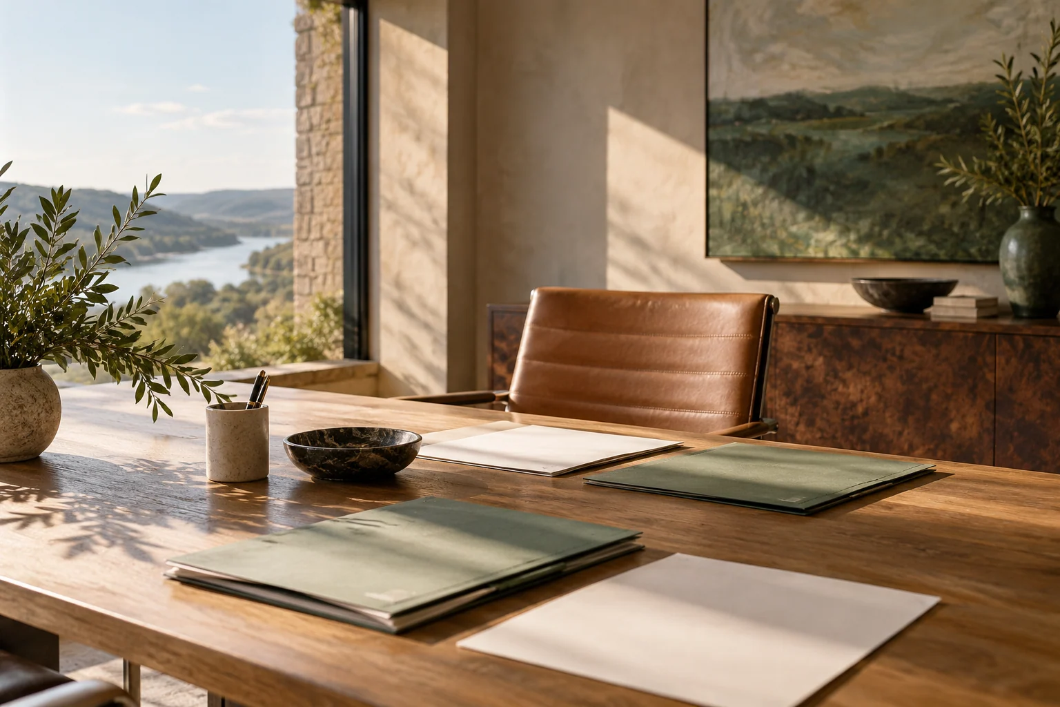 AI-created editorial illustration: A professional collaboration table with a few simple folders, unlabeled paper sheets and an empty chair, natural window light.